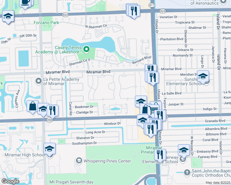 map of restaurants, bars, coffee shops, grocery stores, and more near 2741 Southwest 83rd Terrace in Miramar