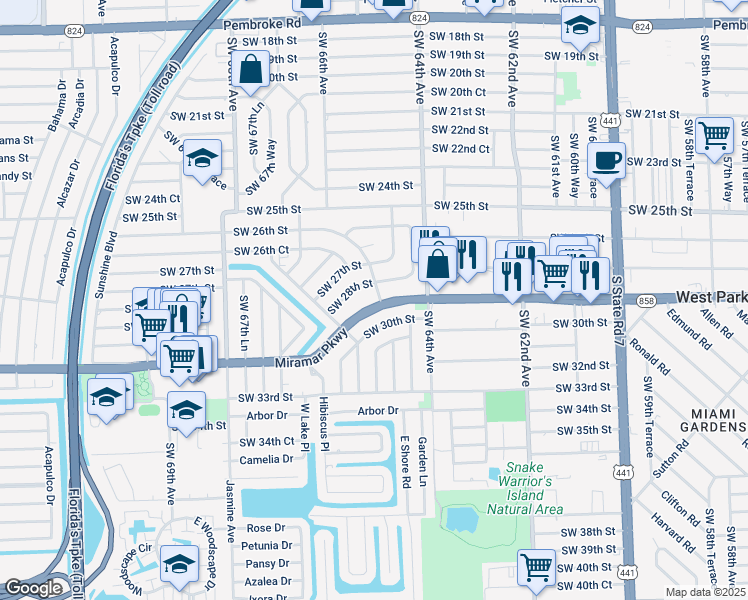 map of restaurants, bars, coffee shops, grocery stores, and more near 2828 Southwest 65th Avenue in Miramar