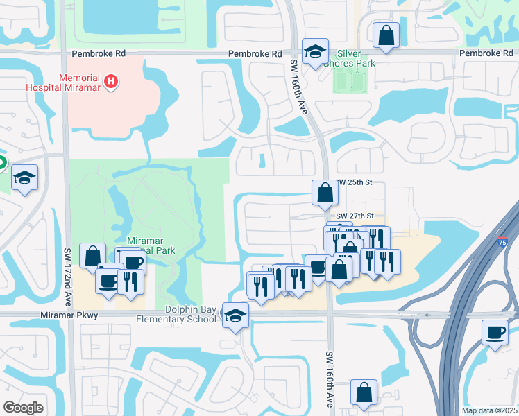 map of restaurants, bars, coffee shops, grocery stores, and more near 16436 Southwest 27th Street in Miramar