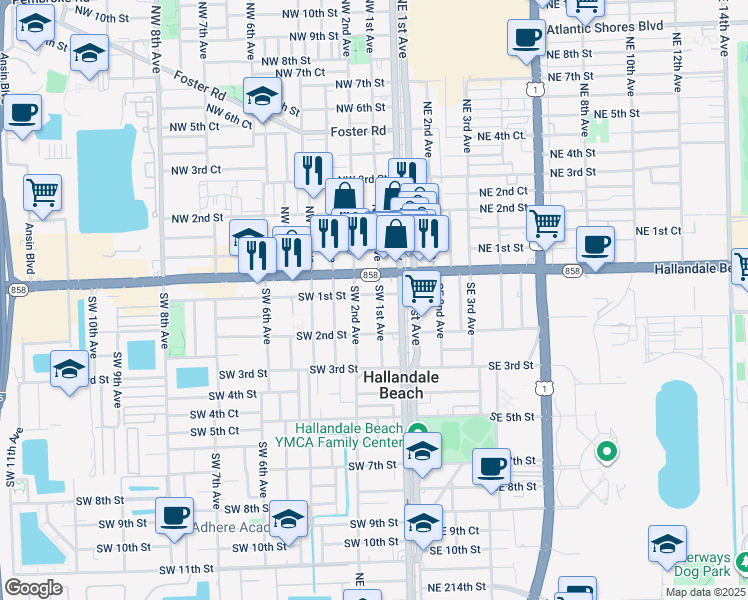 map of restaurants, bars, coffee shops, grocery stores, and more near 102 Southwest 1st Avenue in Hallandale Beach