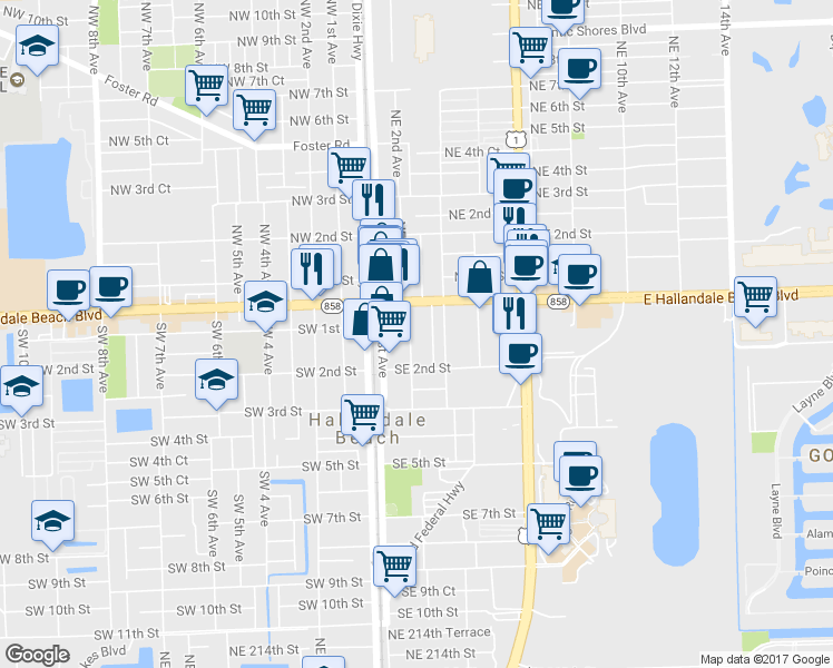 map of restaurants, bars, coffee shops, grocery stores, and more near 105 Southeast 2nd Avenue in Hallandale Beach