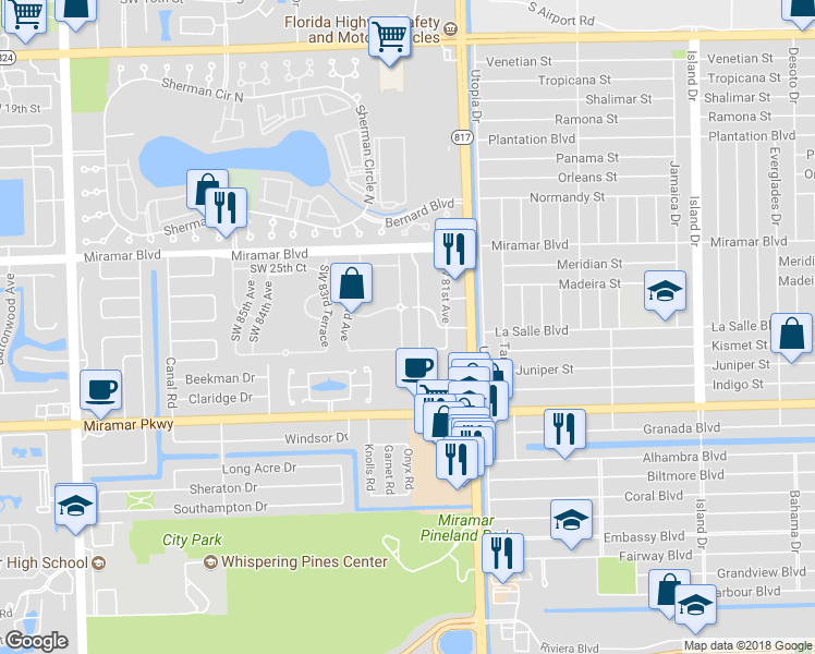 map of restaurants, bars, coffee shops, grocery stores, and more near 2767 Southwest 82nd Avenue in Miramar