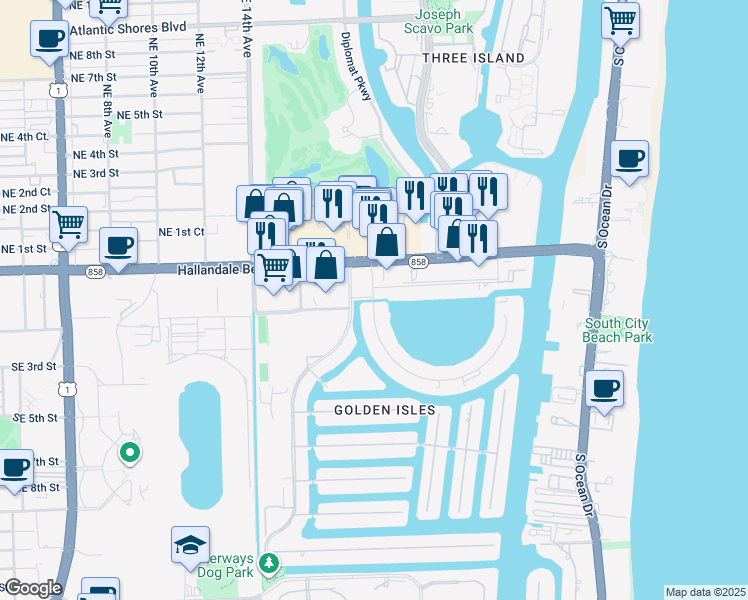 map of restaurants, bars, coffee shops, grocery stores, and more near 468 Golden Isles Drive in Hallandale Beach
