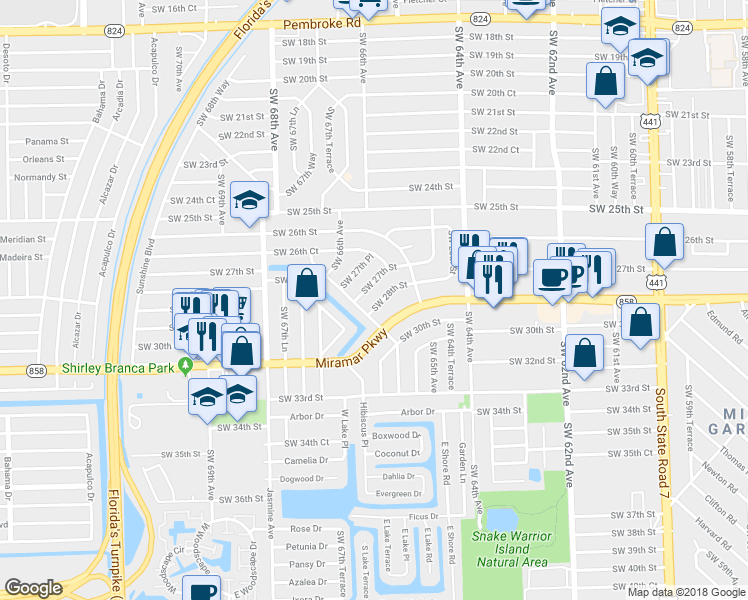 map of restaurants, bars, coffee shops, grocery stores, and more near 6557 Southwest 28th Street in Miramar