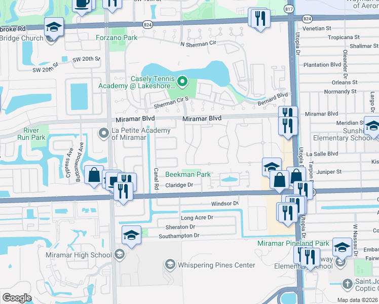 map of restaurants, bars, coffee shops, grocery stores, and more near 2748 Southwest 84th Terrace in Miramar
