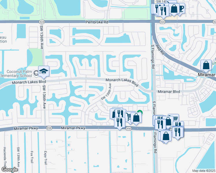 map of restaurants, bars, coffee shops, grocery stores, and more near 2616 Southwest 129th Terrace in Miramar