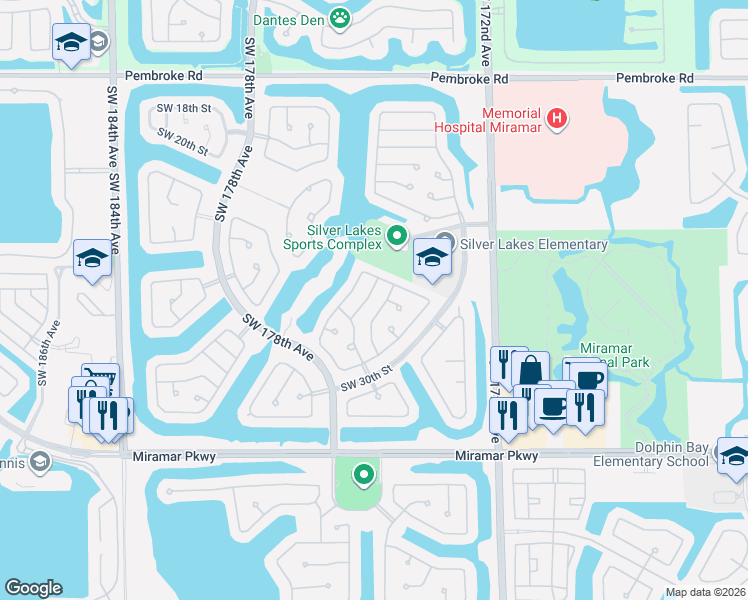 map of restaurants, bars, coffee shops, grocery stores, and more near 2910 Southwest 174th Way in Miramar