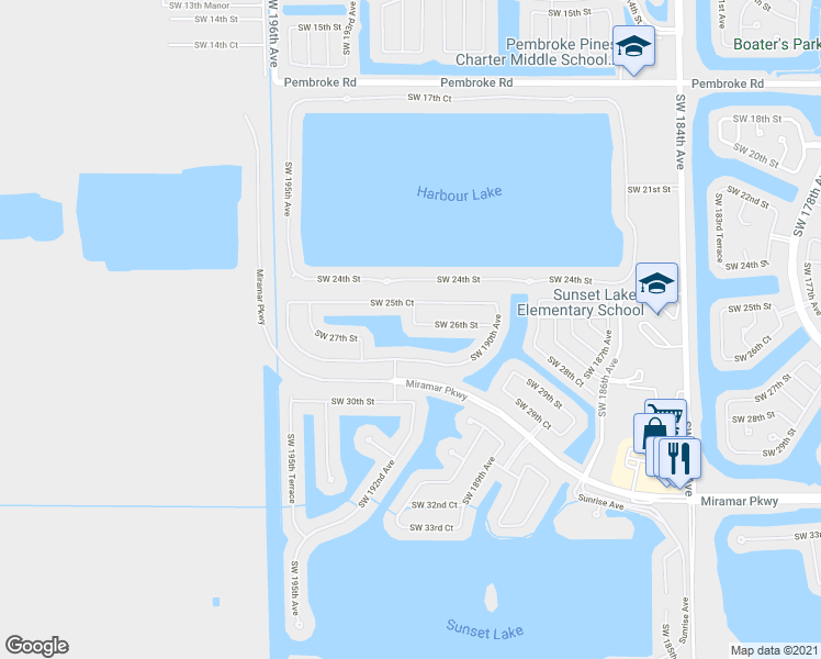 map of restaurants, bars, coffee shops, grocery stores, and more near 2590 Southwest 192nd Terrace in Miramar