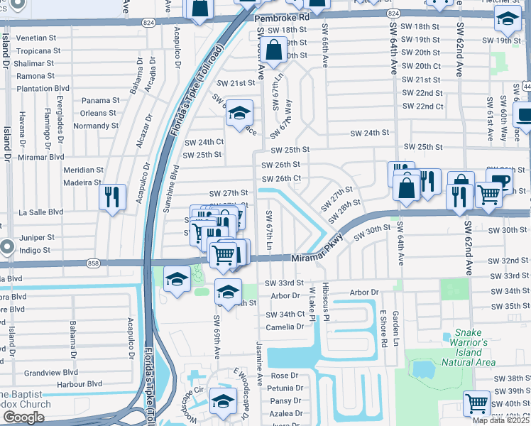 map of restaurants, bars, coffee shops, grocery stores, and more near 2808 Southwest 67th Lane in Miramar