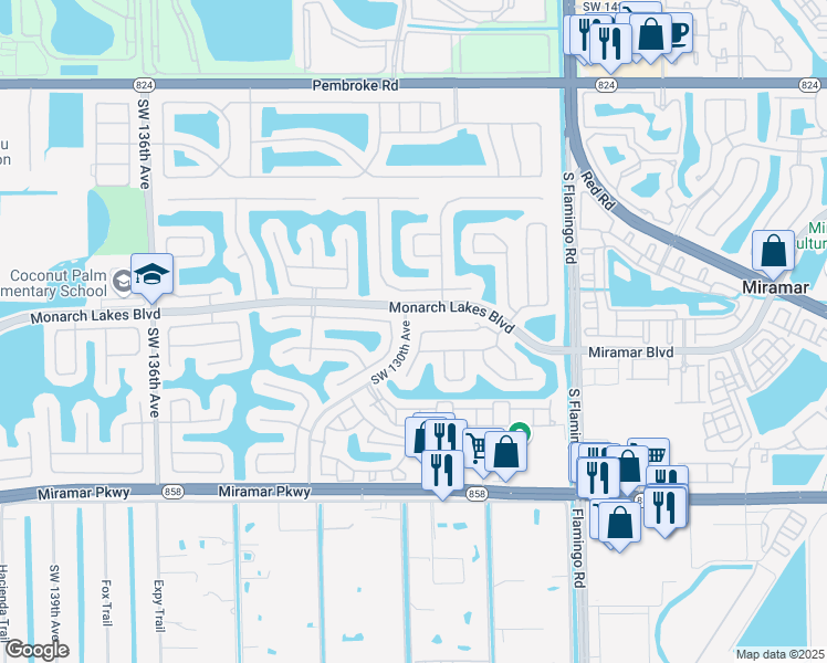 map of restaurants, bars, coffee shops, grocery stores, and more near 2616 Southwest 129th Terrace in Miramar