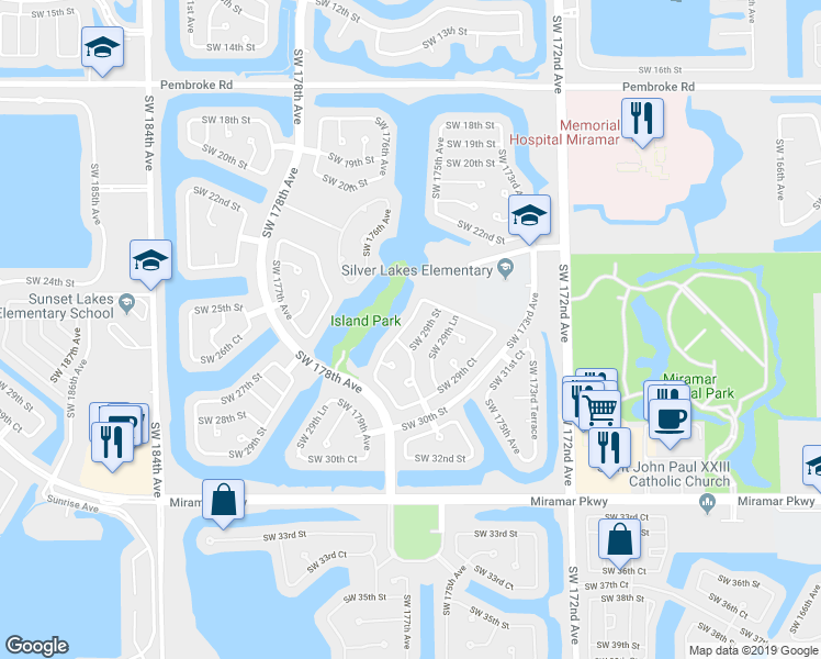 map of restaurants, bars, coffee shops, grocery stores, and more near 17537 Southwest 28th Court in Miramar