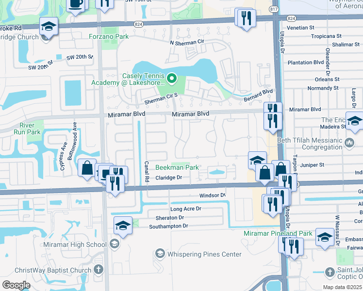 map of restaurants, bars, coffee shops, grocery stores, and more near 2748 Southwest 84th Terrace in Miramar