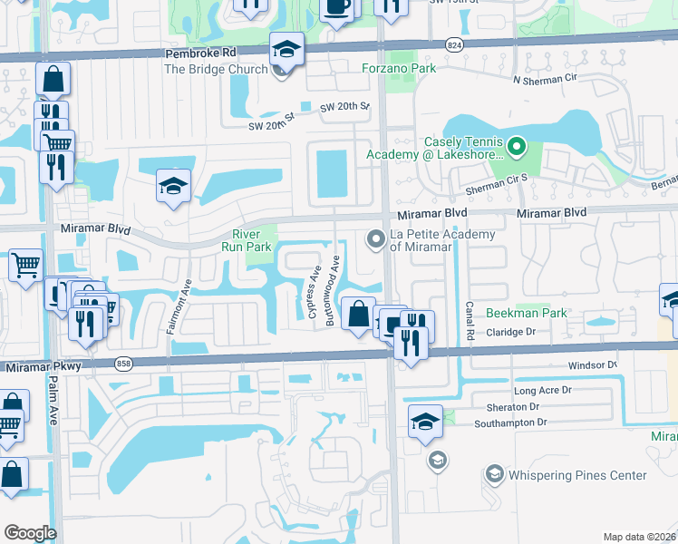 map of restaurants, bars, coffee shops, grocery stores, and more near 2701 Buttonwood Avenue in Miramar