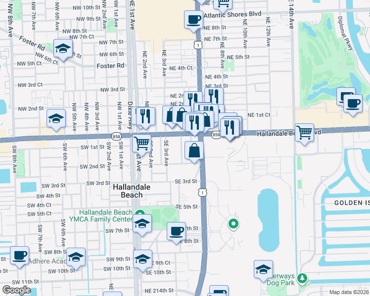 map of restaurants, bars, coffee shops, grocery stores, and more near 110 Southeast 5th Avenue in Hallandale Beach