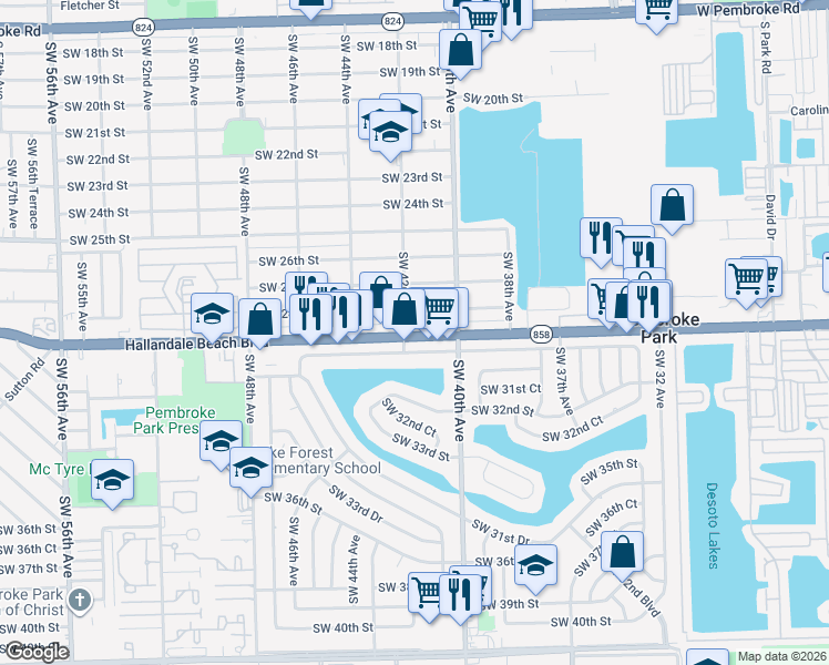 map of restaurants, bars, coffee shops, grocery stores, and more near 4215 West Hallandale Beach Boulevard in West Park