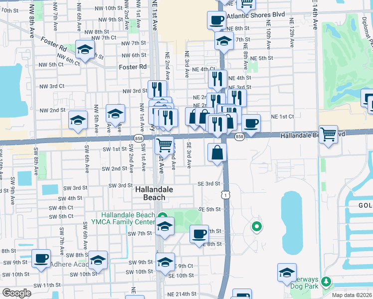 map of restaurants, bars, coffee shops, grocery stores, and more near 41 Southeast 3rd Avenue in Hallandale Beach