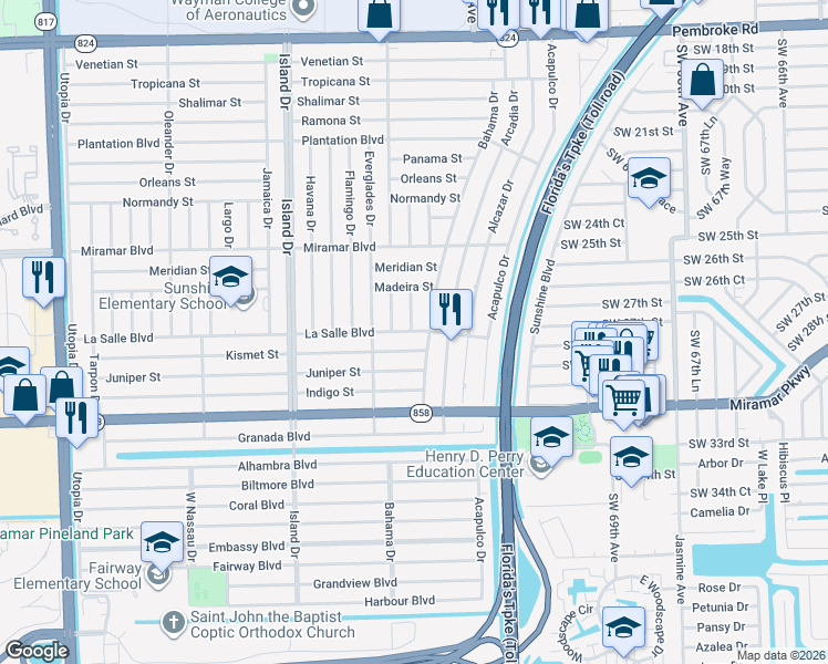 map of restaurants, bars, coffee shops, grocery stores, and more near 7420 La Salle Boulevard in Hollywood