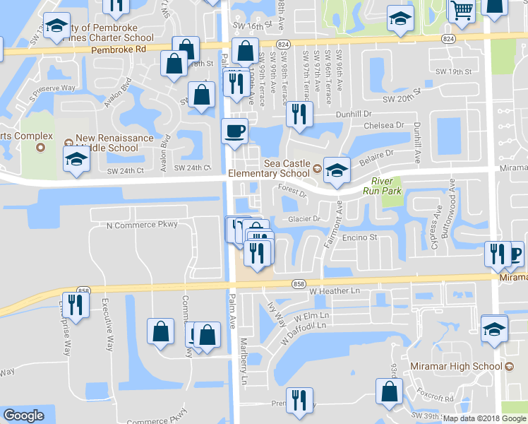 map of restaurants, bars, coffee shops, grocery stores, and more near 2691 Southwest 99th Way in Miramar