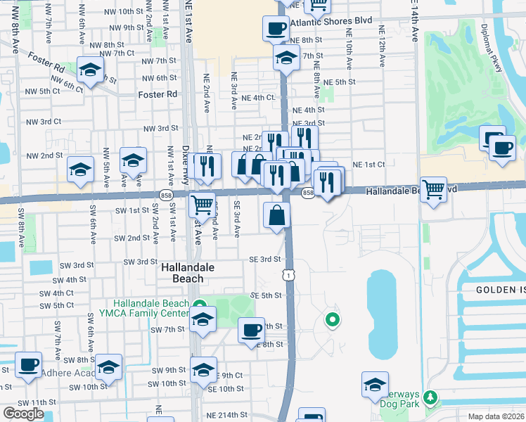 map of restaurants, bars, coffee shops, grocery stores, and more near 110 Southeast 5th Avenue in Hallandale Beach