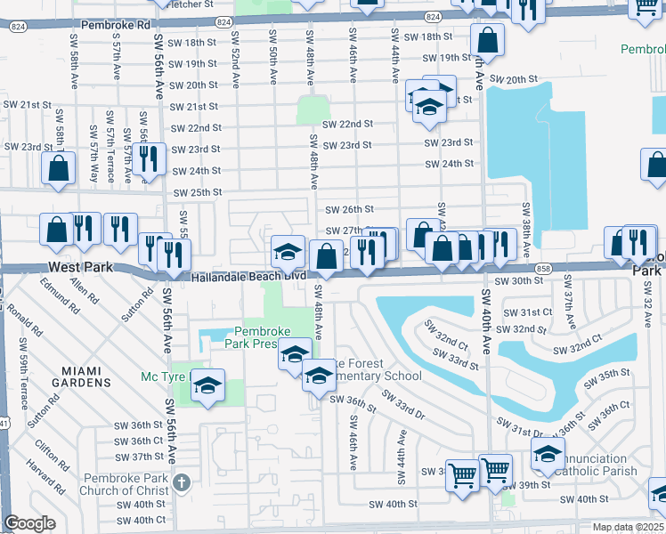 map of restaurants, bars, coffee shops, grocery stores, and more near 4631 West Hallandale Beach Boulevard in West Park