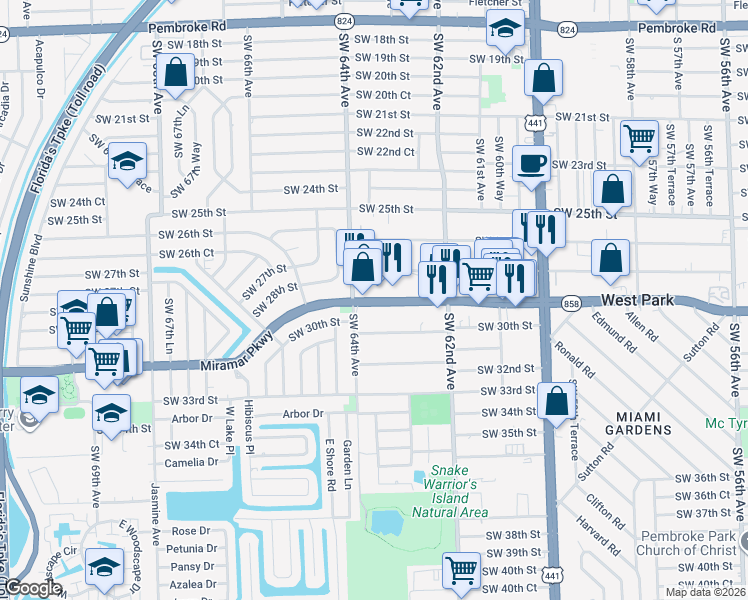 map of restaurants, bars, coffee shops, grocery stores, and more near 6330 Miramar Parkway in Miramar