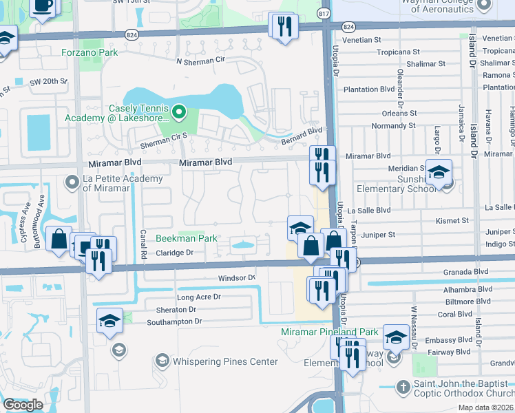 map of restaurants, bars, coffee shops, grocery stores, and more near 8268 Southwest 27th Street in Miramar