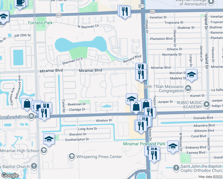map of restaurants, bars, coffee shops, grocery stores, and more near 8268 Southwest 27th Street in Miramar