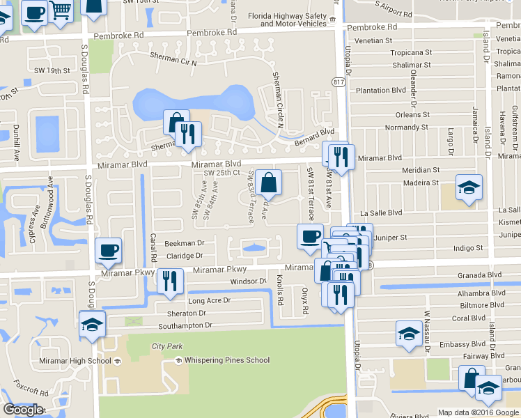 map of restaurants, bars, coffee shops, grocery stores, and more near 2741 Southwest 83rd Terrace in Miramar