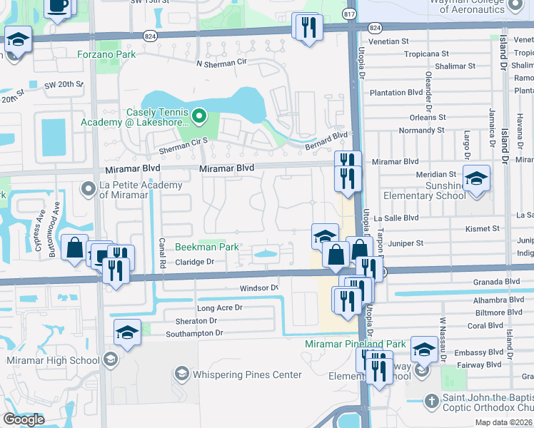 map of restaurants, bars, coffee shops, grocery stores, and more near 2741 Southwest 83rd Terrace in Miramar