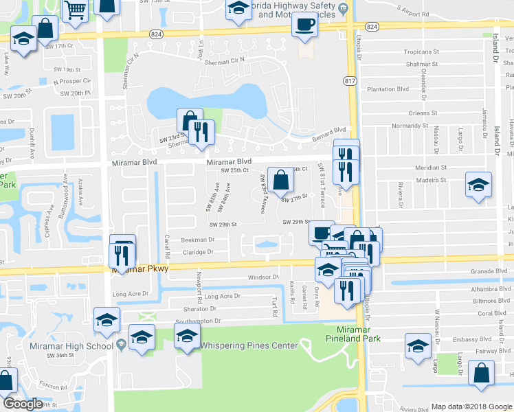 map of restaurants, bars, coffee shops, grocery stores, and more near 2741 Southwest 83rd Terrace in Miramar