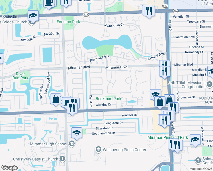 map of restaurants, bars, coffee shops, grocery stores, and more near 2748 Southwest 84th Terrace in Miramar