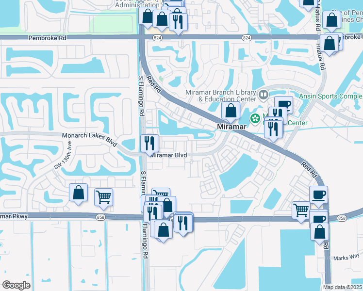map of restaurants, bars, coffee shops, grocery stores, and more near 2548 Centergate Drive in Miramar