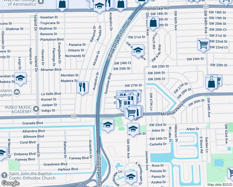 map of restaurants, bars, coffee shops, grocery stores, and more near 7000 Southwest 27th Court in Miramar