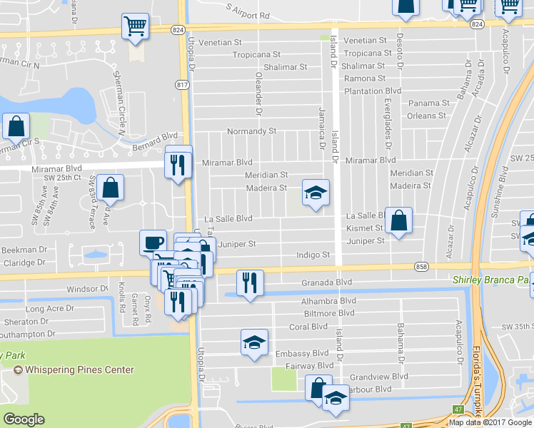 map of restaurants, bars, coffee shops, grocery stores, and more near 7817 La Salle Boulevard in Miramar