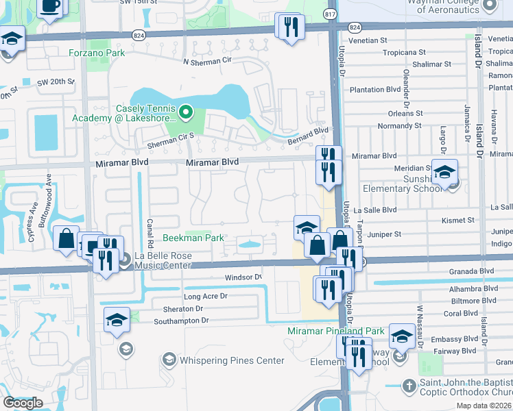map of restaurants, bars, coffee shops, grocery stores, and more near 2741 Southwest 83rd Terrace in Miramar
