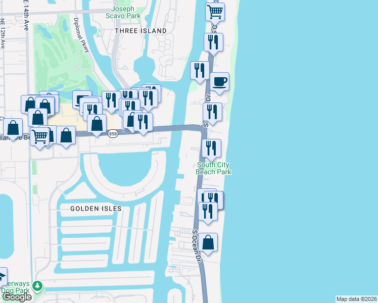 map of restaurants, bars, coffee shops, grocery stores, and more near 1833 South Ocean Drive in Hallandale Beach