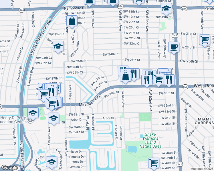map of restaurants, bars, coffee shops, grocery stores, and more near 2828 Southwest 65th Avenue in Miramar