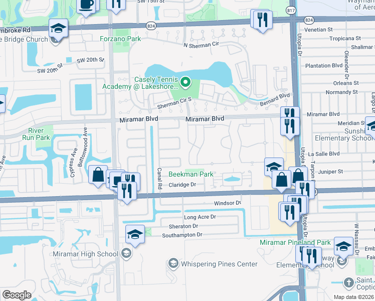 map of restaurants, bars, coffee shops, grocery stores, and more near 2748 Southwest 84th Terrace in Miramar