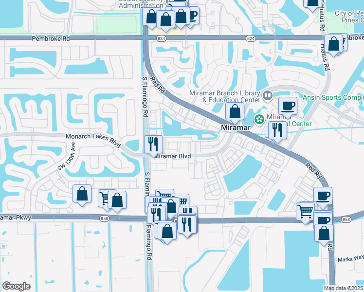 map of restaurants, bars, coffee shops, grocery stores, and more near 2548 Centergate Drive in Miramar