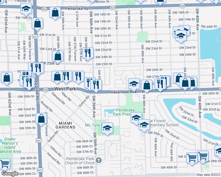map of restaurants, bars, coffee shops, grocery stores, and more near 5225 West Hallandale Beach Boulevard in Pembroke Park