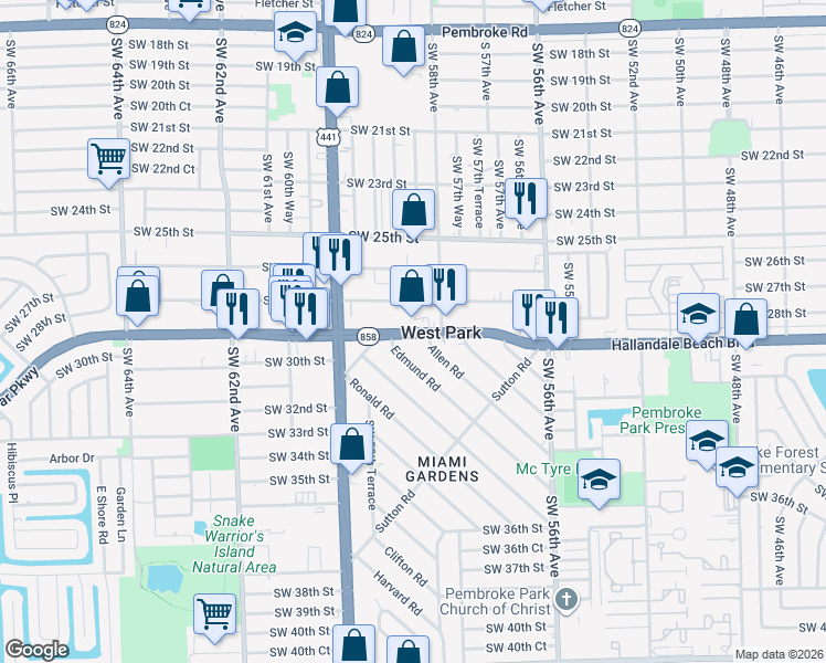 map of restaurants, bars, coffee shops, grocery stores, and more near 5827 West Hallandale Beach Boulevard in West Park