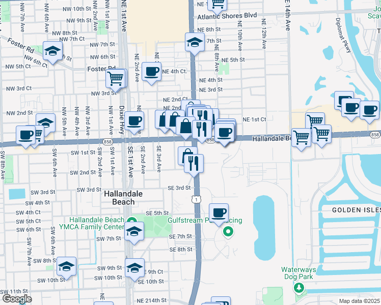 map of restaurants, bars, coffee shops, grocery stores, and more near 100 South Federal Highway in Hallandale Beach