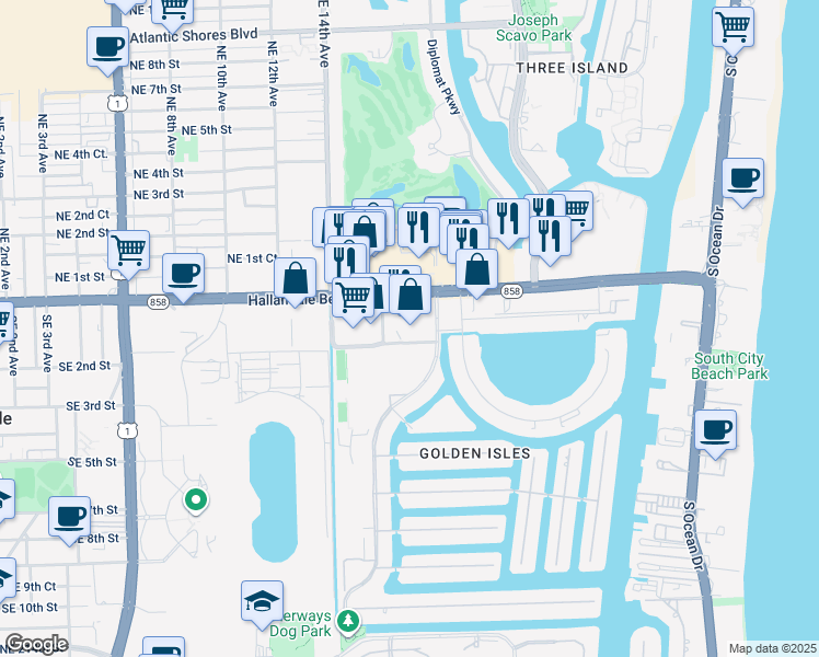 map of restaurants, bars, coffee shops, grocery stores, and more near 1710 East Hallandale Beach Boulevard in Hallandale Beach