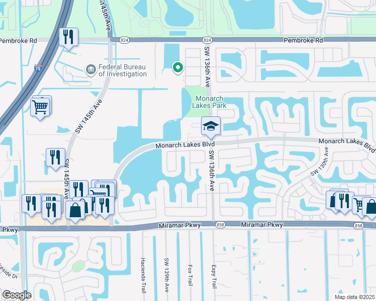 map of restaurants, bars, coffee shops, grocery stores, and more near 2613 Southwest 137th Terrace in Miramar