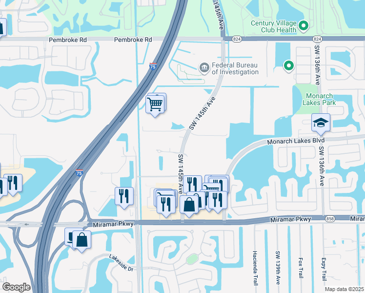 map of restaurants, bars, coffee shops, grocery stores, and more near 2350 Southwest 145th Avenue in Miramar