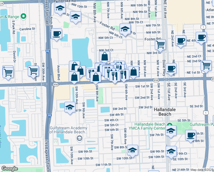 map of restaurants, bars, coffee shops, grocery stores, and more near 716 Southwest 1st Street in Hallandale Beach