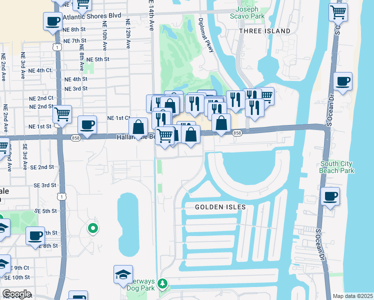 map of restaurants, bars, coffee shops, grocery stores, and more near 1710 East Hallandale Beach Boulevard in Hallandale Beach