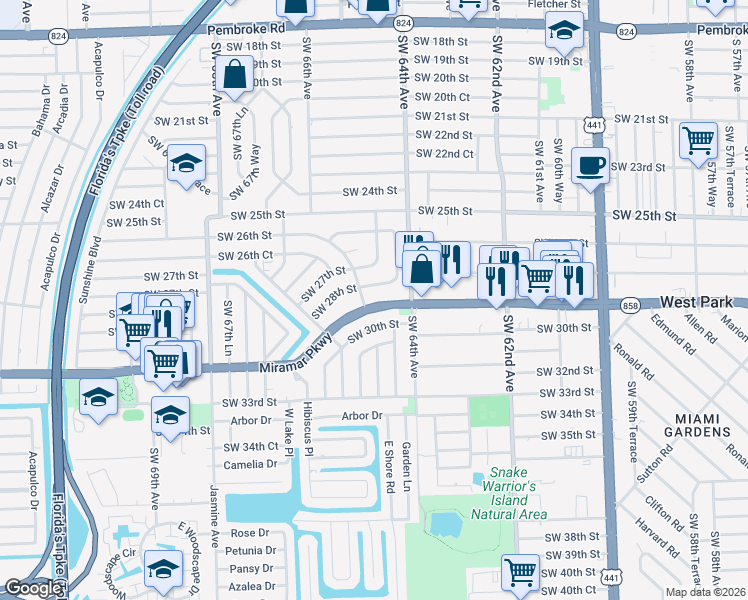 map of restaurants, bars, coffee shops, grocery stores, and more near 2828 Southwest 65th Avenue in Miramar