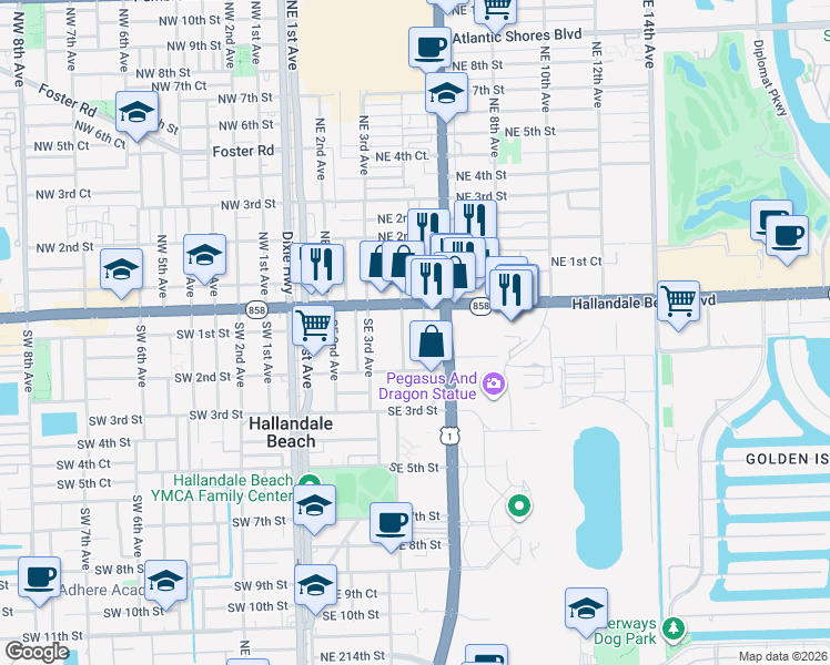 map of restaurants, bars, coffee shops, grocery stores, and more near 110 Southeast 5th Avenue in Hallandale Beach