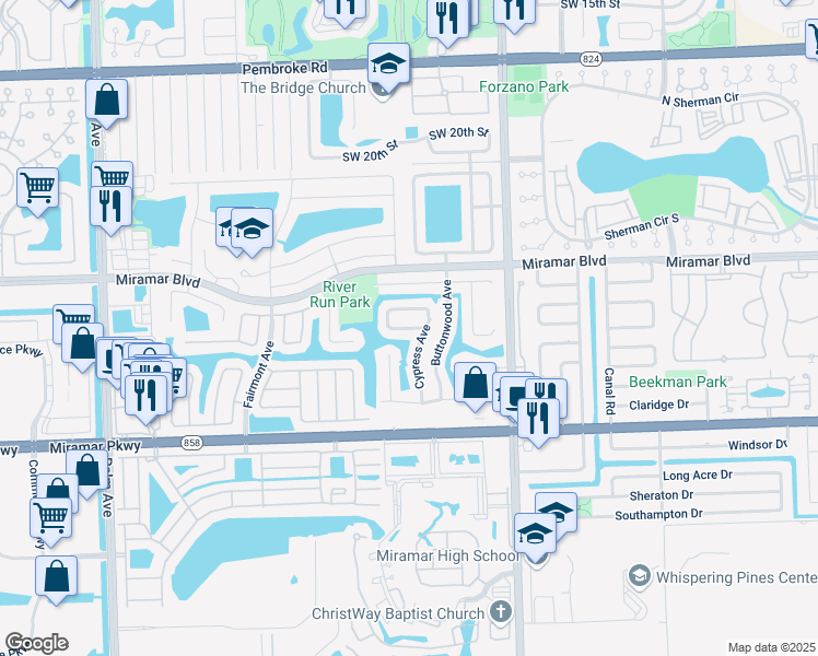 map of restaurants, bars, coffee shops, grocery stores, and more near 9210 South Cypress Circle in Miramar